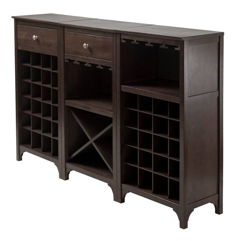 Transitional Espresso 3-Piece Wine Cabinet Modular Set with Glass Rack