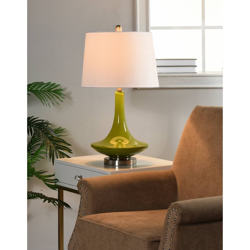 Green Glass Table Lamp with White Fabric Shade