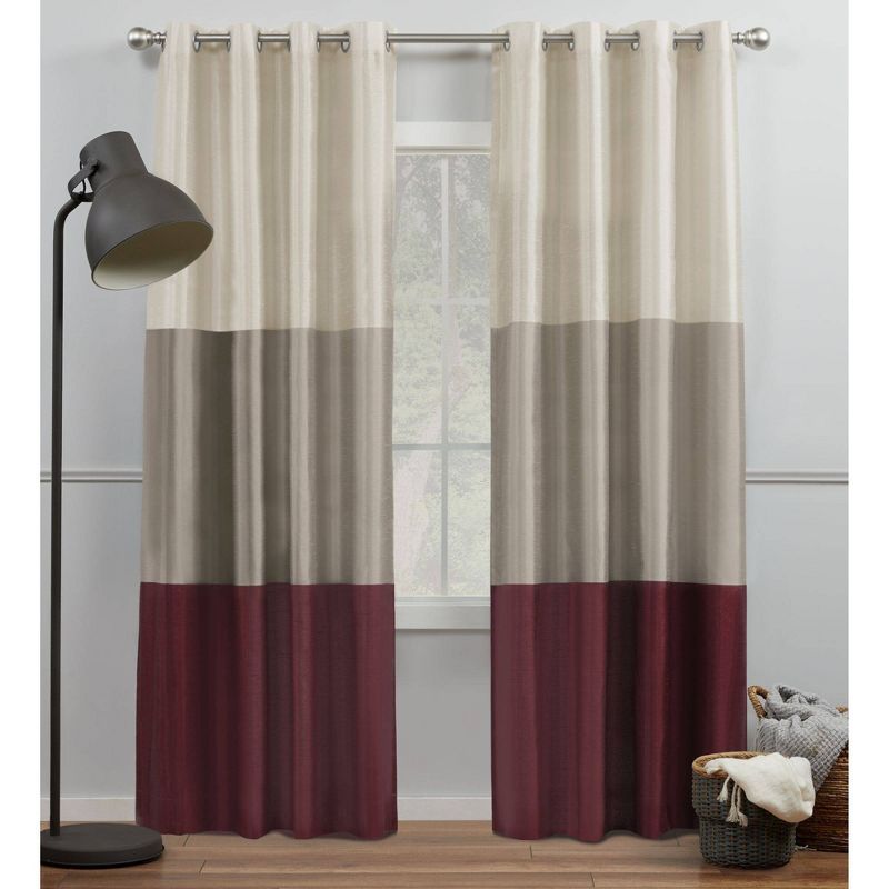 96" Burgundy and Taupe Faux Silk Light-Filtering Grommet Curtain Panels