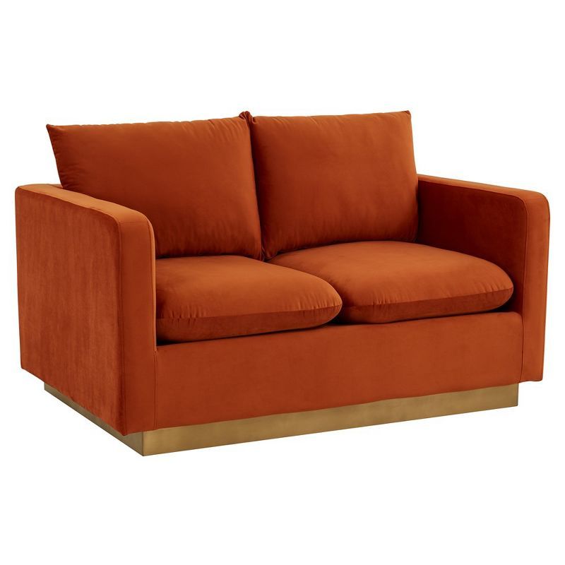 Mid-Century Modern Velvet Loveseat in Orange Marmalade with Gold Frame