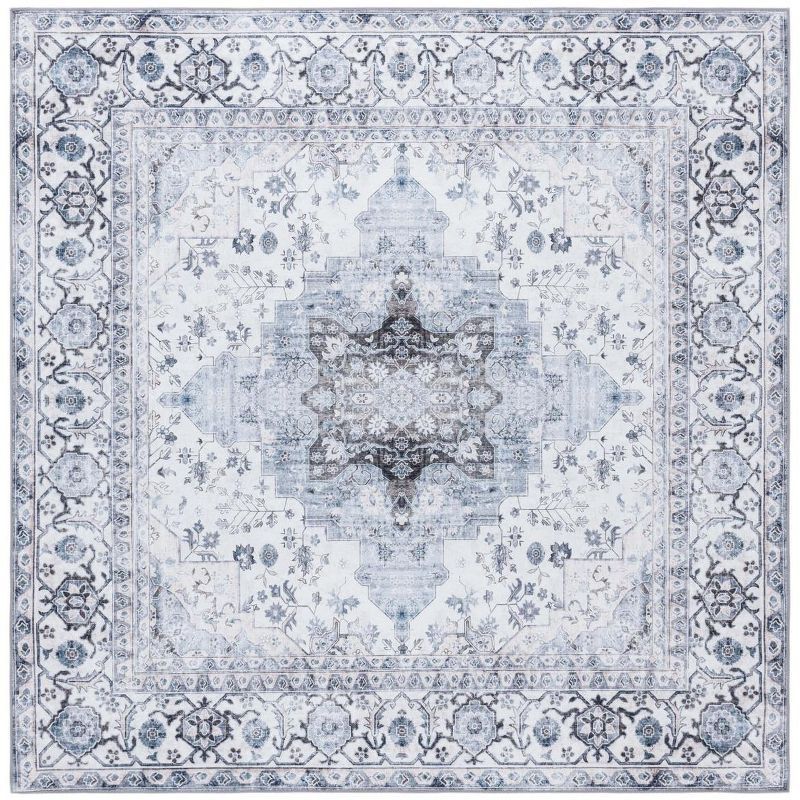 Ivory and Blue 6' x 6' Square Washable Area Rug