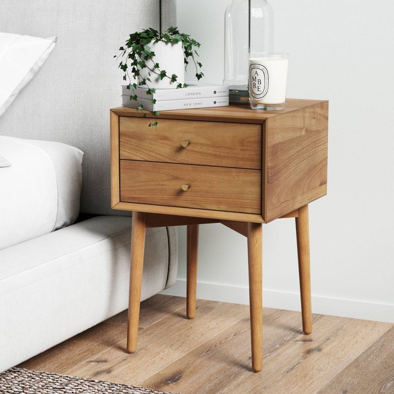 Harper Mid-Century Oak Wood Nightstand with Vintage Brass Hardware