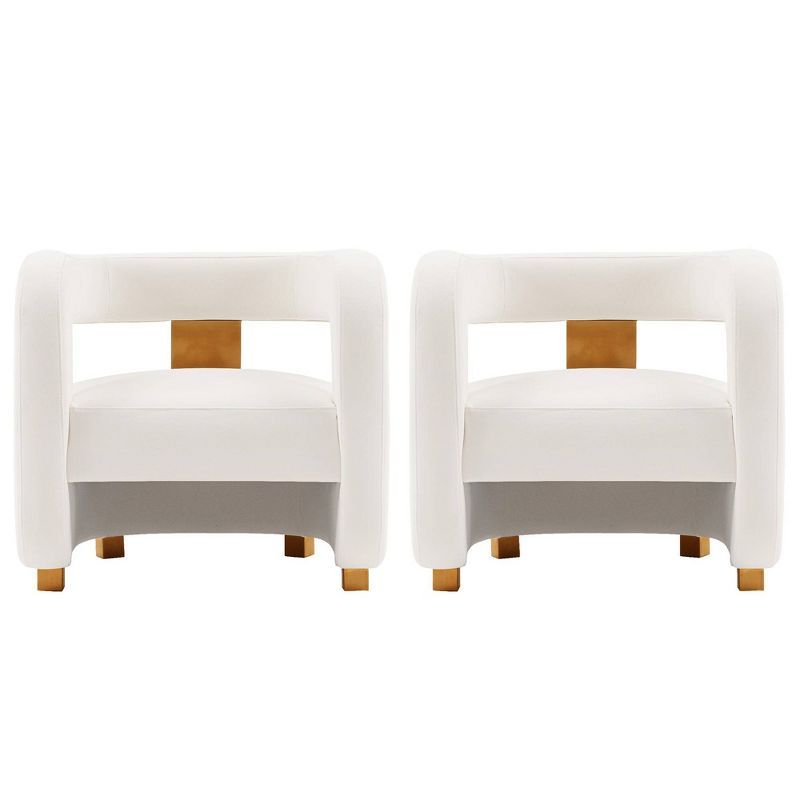 Set of 2 White Velvet Barrel Accent Chairs with Gold Accents