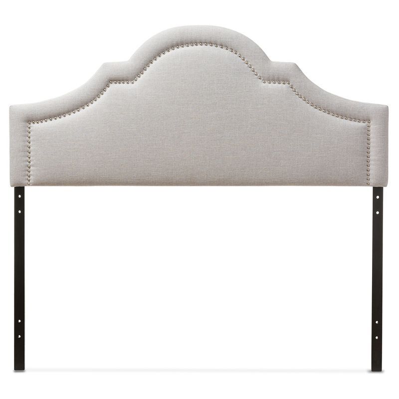 Grayish Beige Upholstered Queen Headboard with Silver Nail Trim