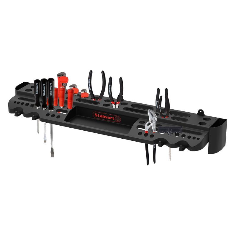 Black Wall-Mountable Polypropylene Tool Storage Shelf with Hooks and Compartments