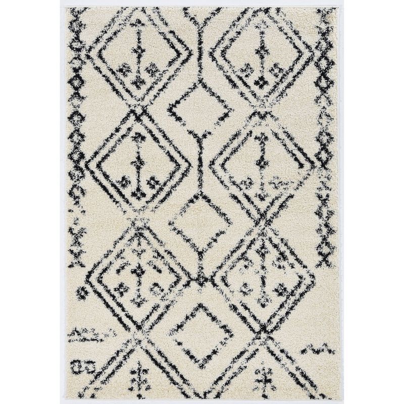 Ivory and Black Rectangular Moroccan Shag Rug, 5' x 7'