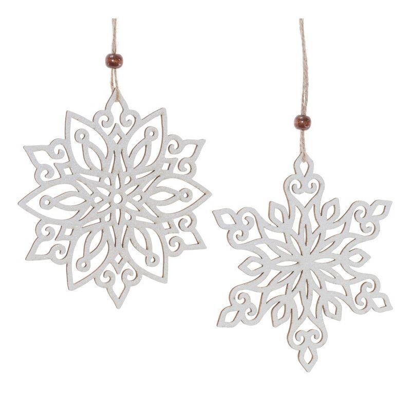 Wintry White and Beige Wood Snowflake Ornaments Set