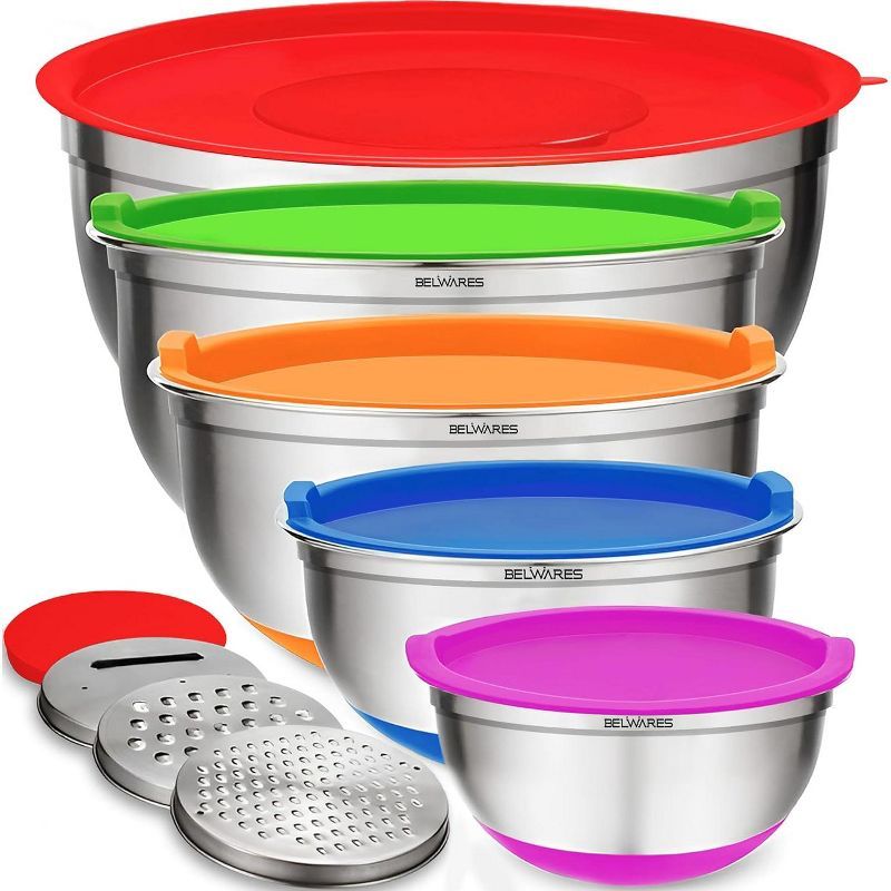 Multicolor Stainless Steel Mixing Bowls Set with Airtight Lids and Graters