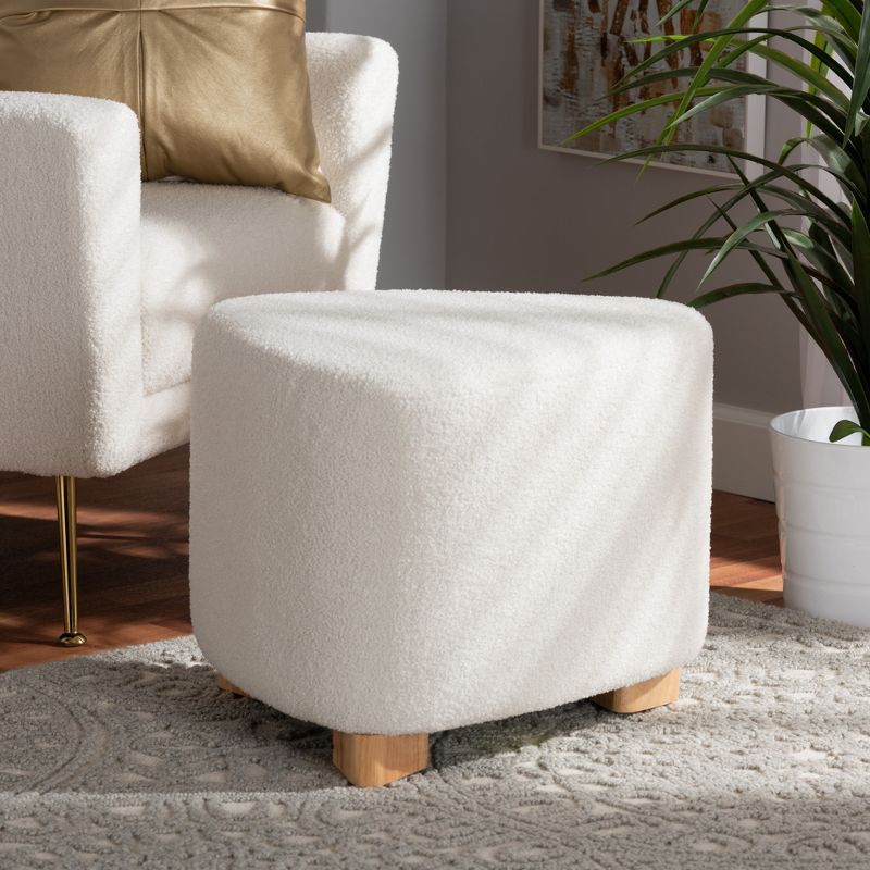 Ivory Boucle Upholstered Ottoman with Natural Wood Legs