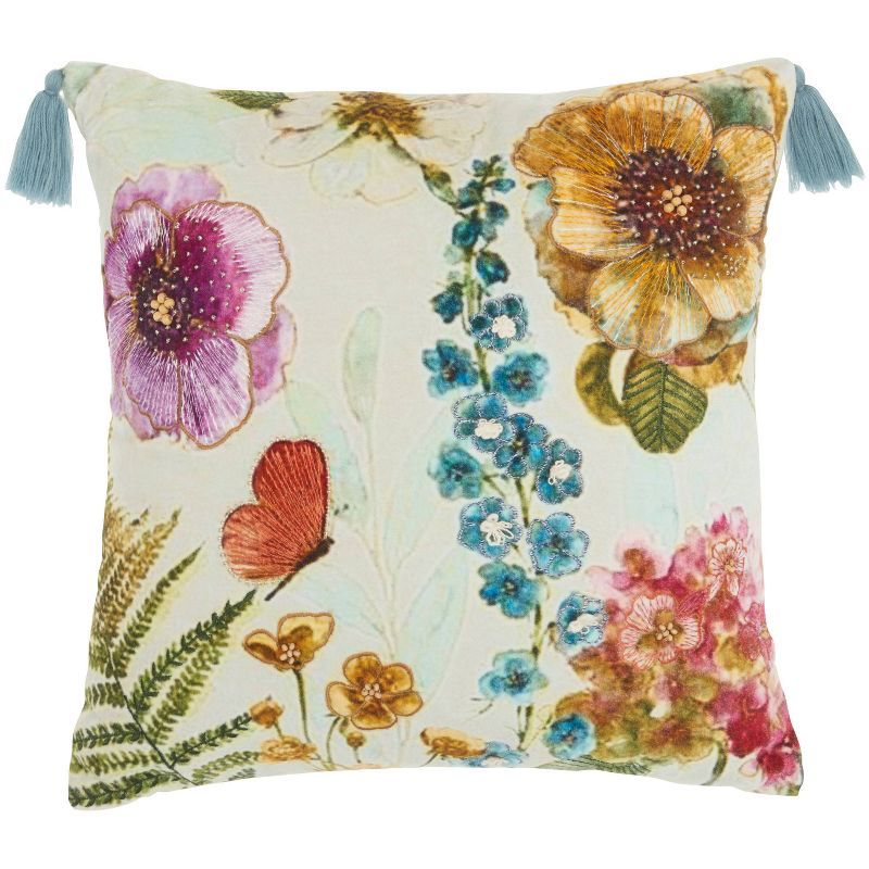 18" Multicolor Embroidered Floral Garden Throw Pillow with Tassels