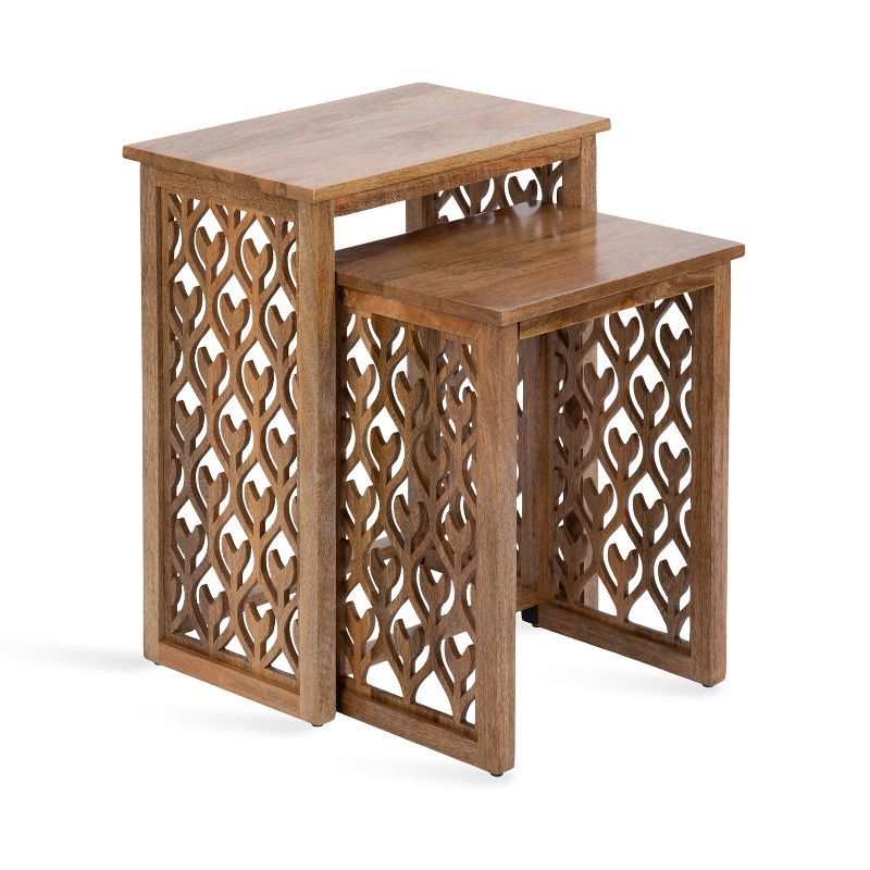 Natural Mango Wood Hand-Carved Nesting Tables, Set of 2