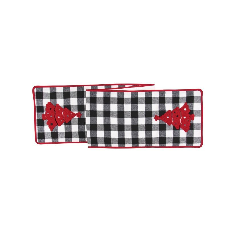 Black and White Plaid Cotton Table Runner with Red Christmas Trees