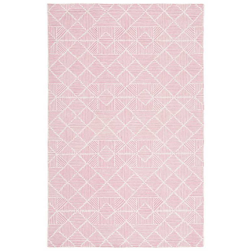 Pink and Ivory Abstract Handmade Wool 4' x 6' Area Rug