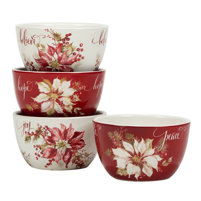 Winter's Joy Red and White Ceramic Holiday Dessert Bowls, Set of 4