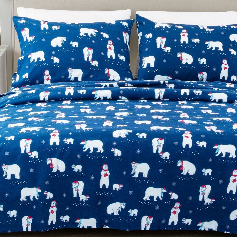 Full Size Navy Polar Bear Cotton Flannel Sheet Set