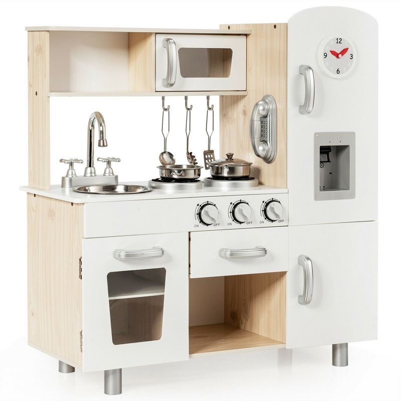 White and Natural Wood Kids Play Kitchen Set with Accessories