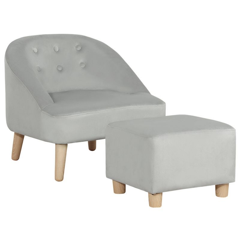 Gray Velvet Kids Sofa Chair and Ottoman Set with Wood Legs