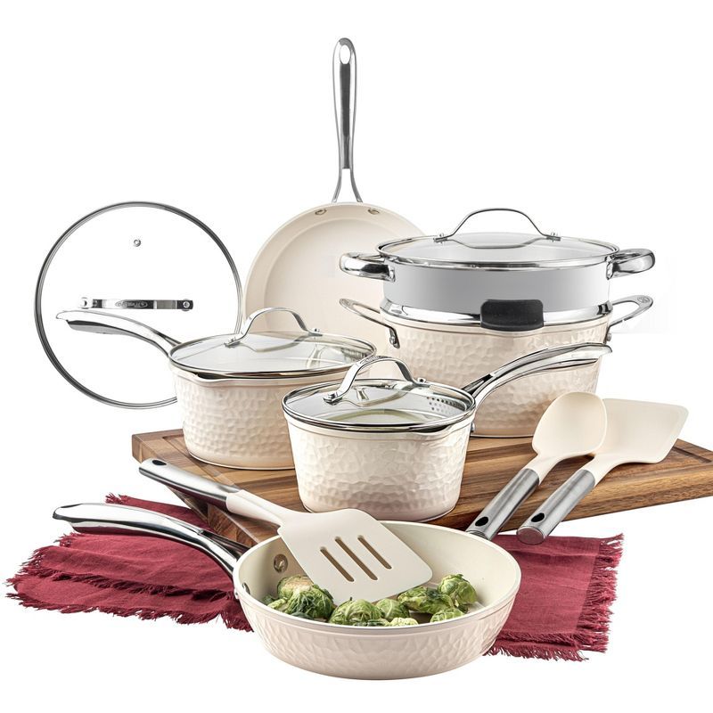 Cream Hammered 15-Piece Ceramic Nonstick Cookware Set with Utensils