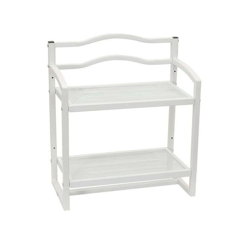 Elegant White Metal Mesh 2-Tier Wall Storage Shelf with Towel Bar