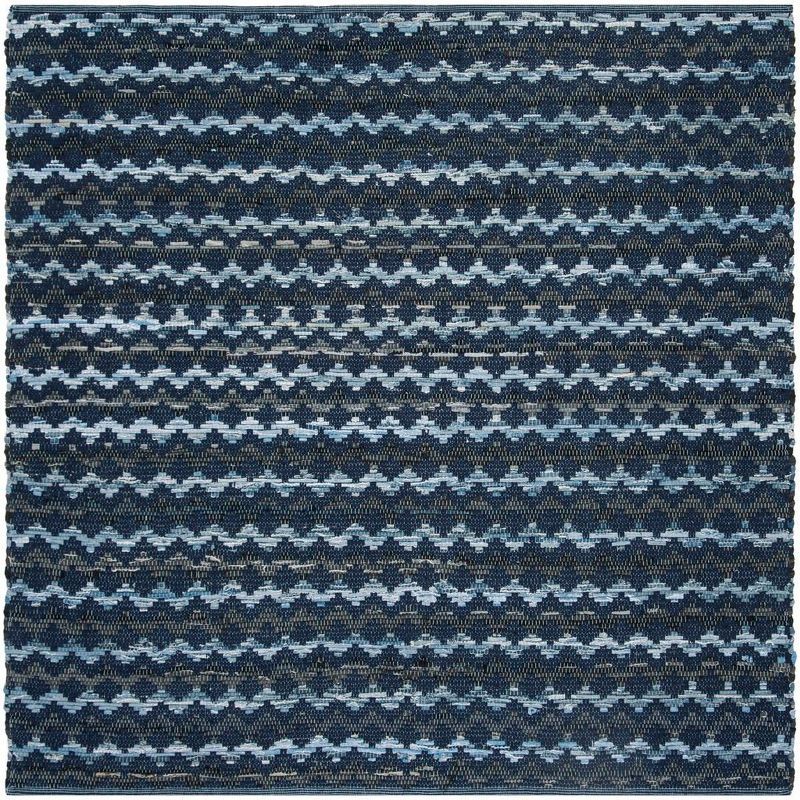 Navy Blue and Black Handwoven Cotton Wool Rug, 4' x 4'