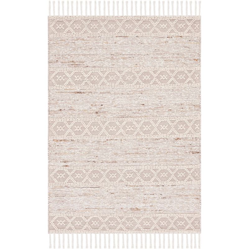 Ivory and Beige Handwoven Wool Area Rug with Tassels, 3' x 5'
