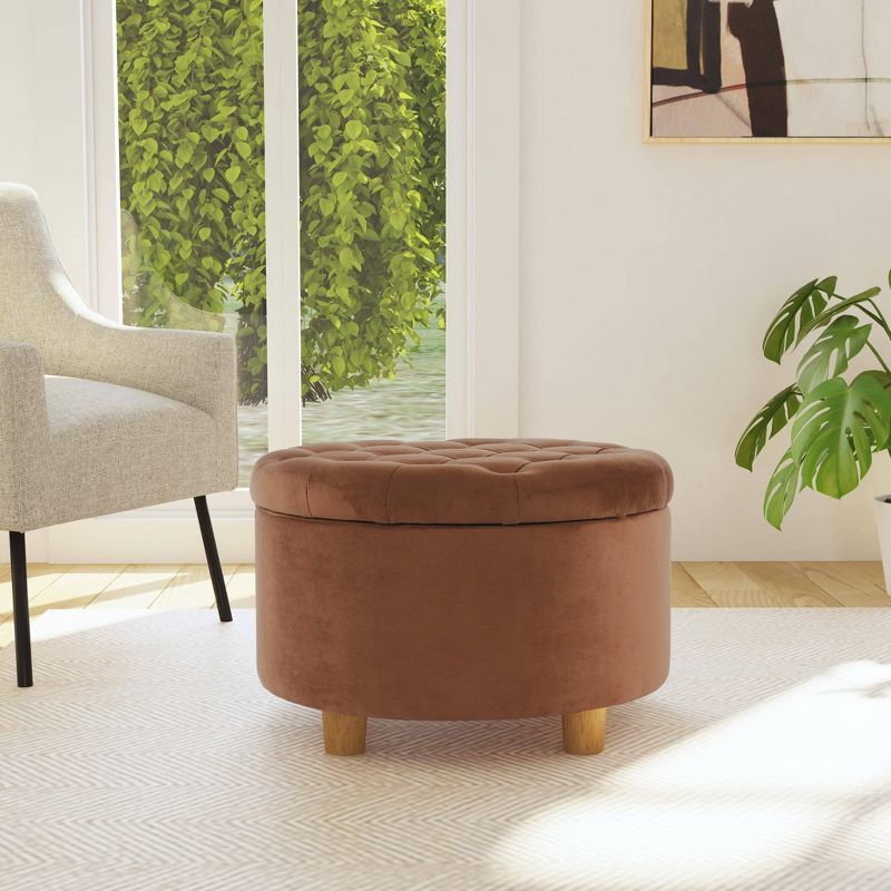 Spice Velvet Round Tufted Storage Ottoman with Oak Legs
