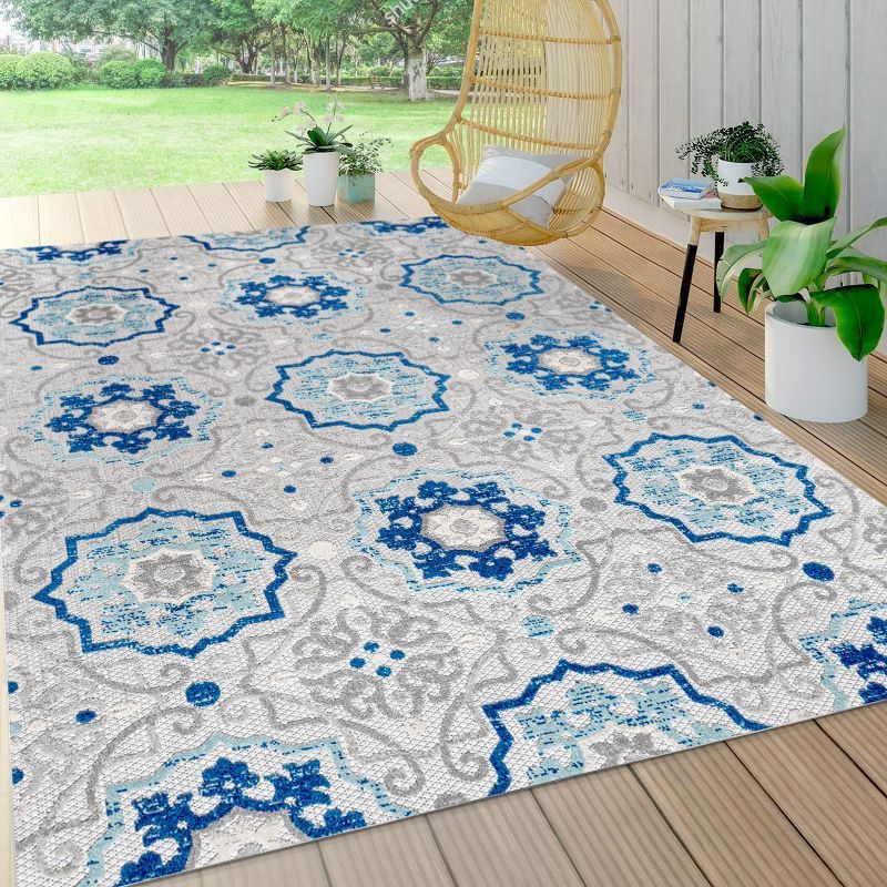 Blue and Gray Synthetic Medallion Reversible Area Rug