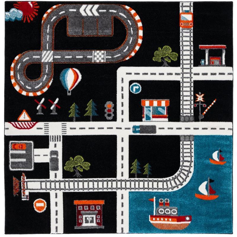 Playful Storybook Animals Black/Ivory Square Area Rug for Kids