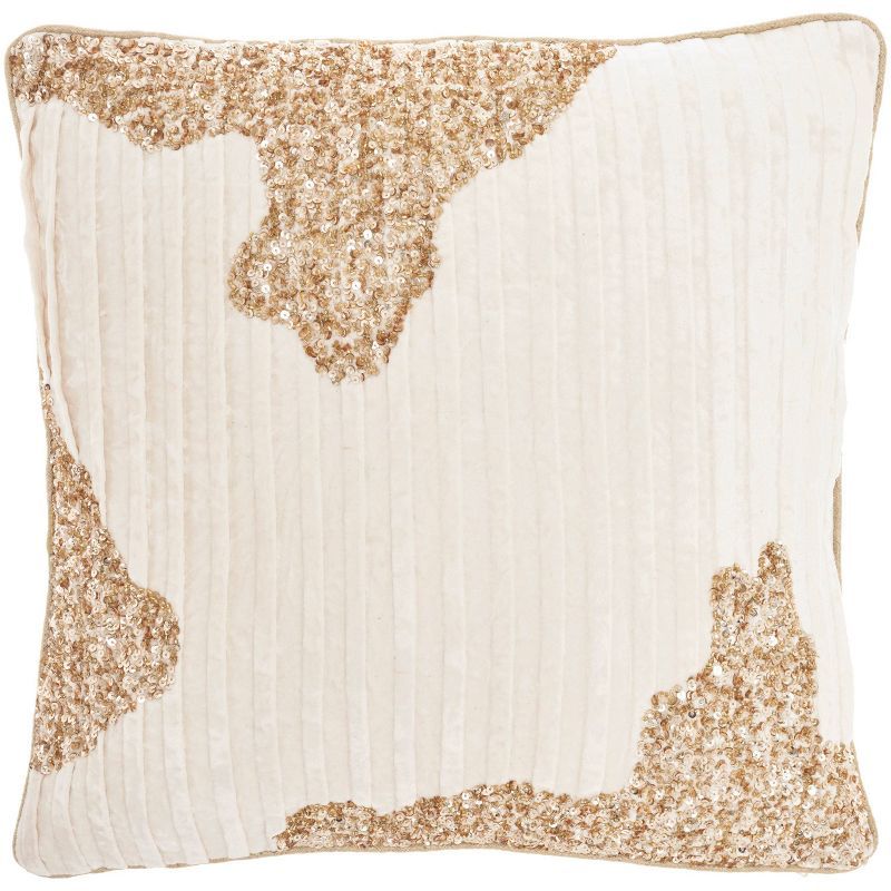 Ivory and Gold Beaded Velvet Square Throw Pillow 18"