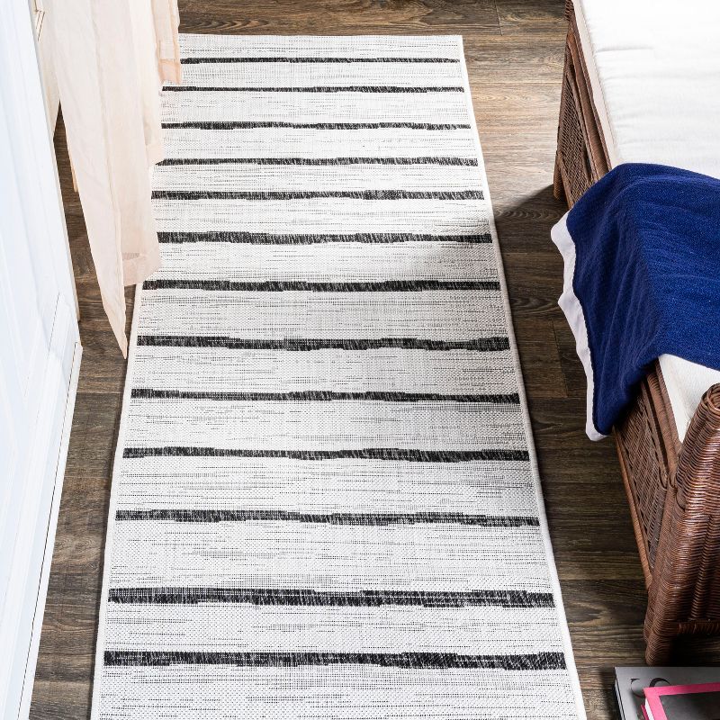 Modern Berber-Inspired Ivory/Black Stripe Synthetic Runner Rug 2x8