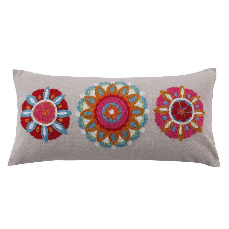 Boho Chic Embroidered Floral Medallion Rectangular Pillow