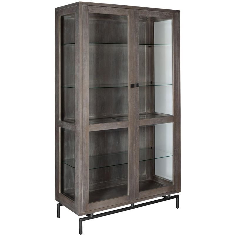 Gray Wood and Glass Display Cabinet with Metal Base