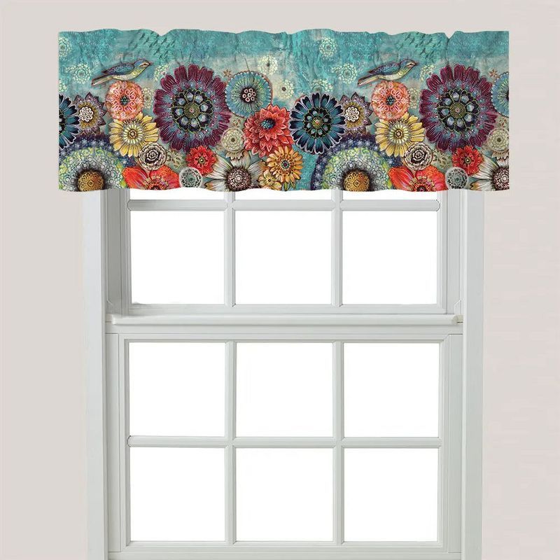 Blue Bird Boho Floral Multicolor Canvas Window Valance