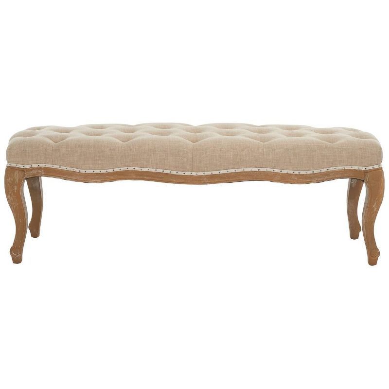 Transitional Beige Linen and Oak Tufted Bench