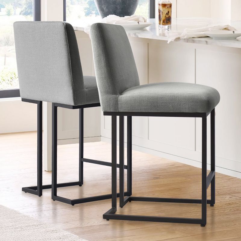 Gray Upholstered Fabric Counter Stools with Black Metal Legs, Set of 2