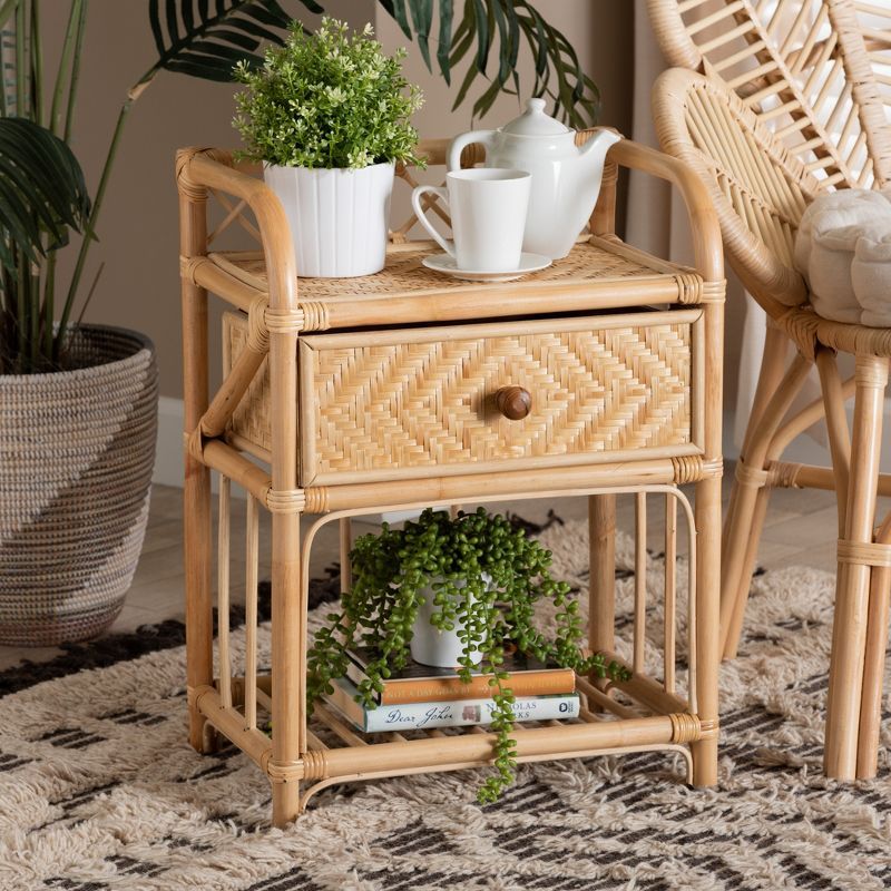 Natural Brown Rattan 1-Drawer Bohemian Night Table