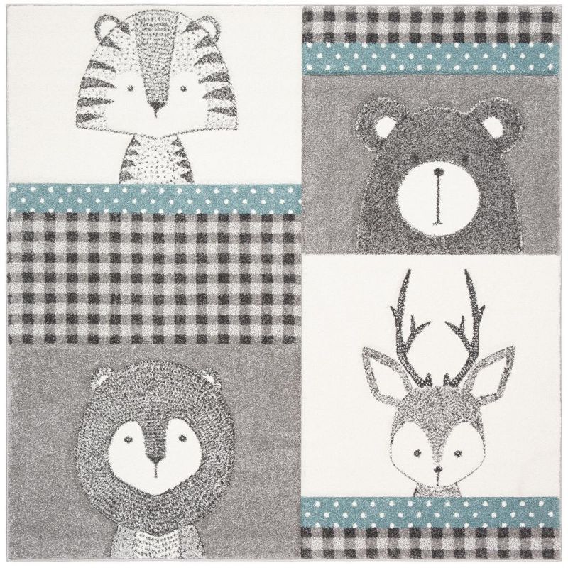 Ivory and Gray Square Synthetic Kids Rug, 80 in