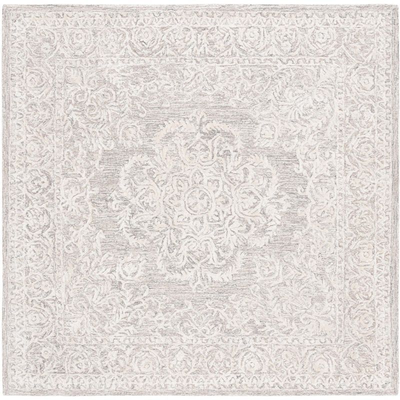 Gray and Ivory Hand-Tufted Square Wool Silk Rug