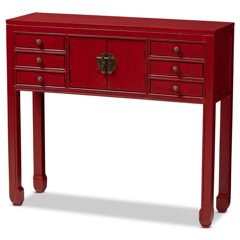 Antique Red Bayur Wood Console Table with Bronze Accents and Storage