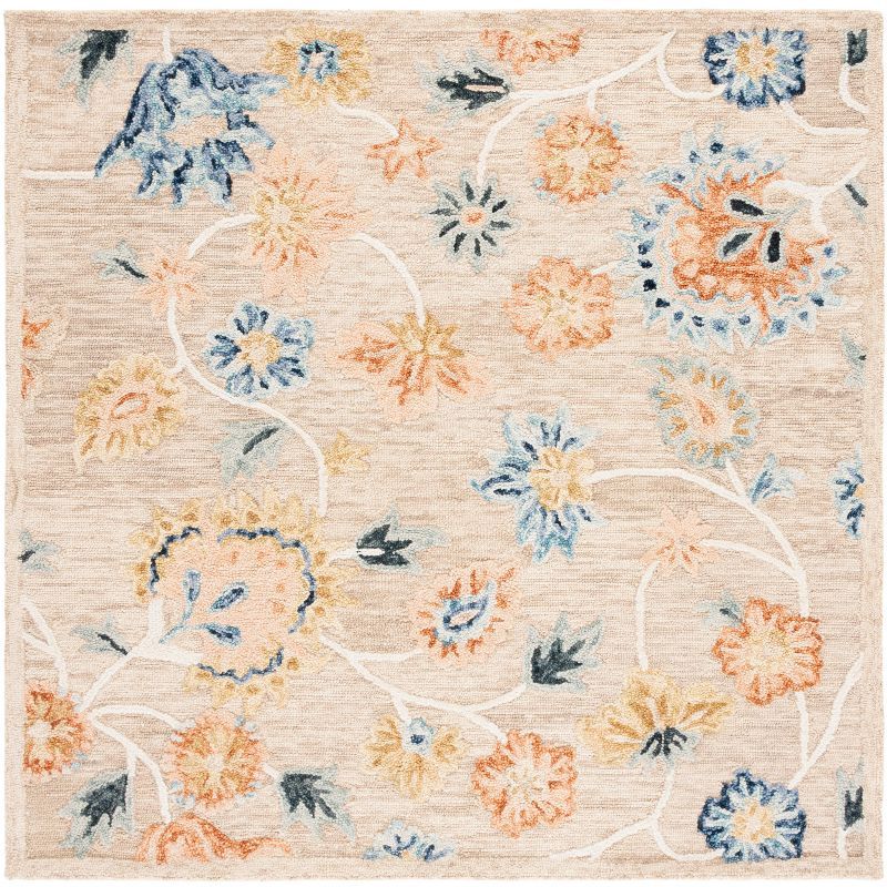 Handmade Blue Floral Wool Tufted Square Rug