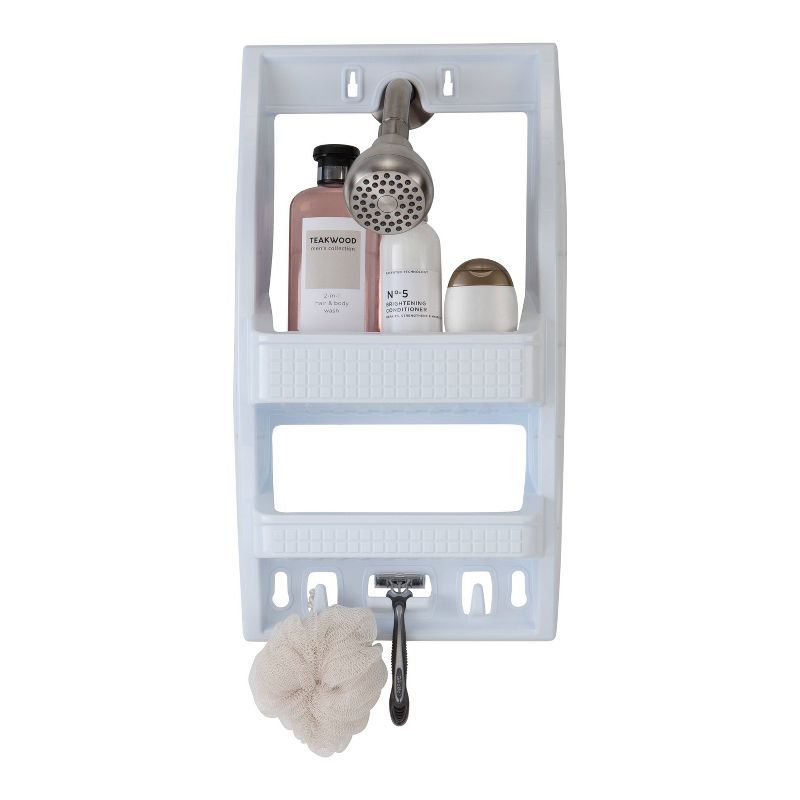 White Plastic Suction Mount Shower Organizer with Hooks