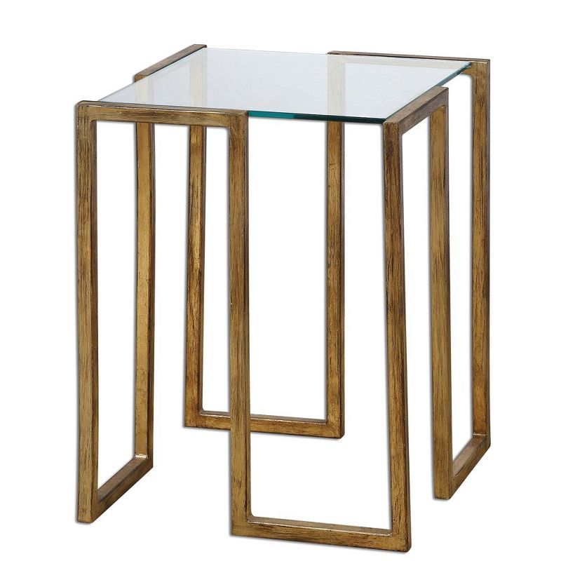 Antique Gold Leaf Square Glass Top Accent Table