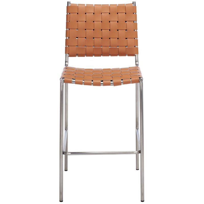 Cognac Leather and Silver Metal Saddle Counter Stool