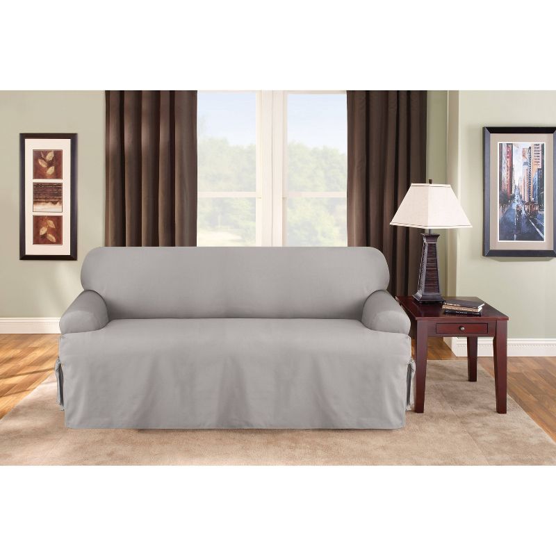 Gray Cotton Duck T-Cushion Sofa Slipcover