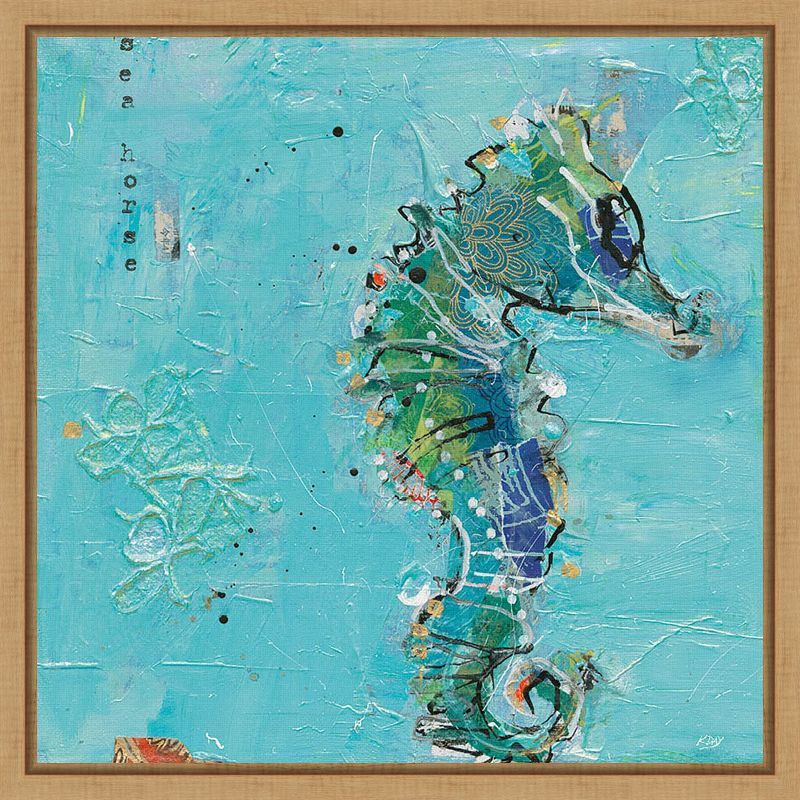 16-inch Blue and Green Seahorse Canvas Print with Wood Frame