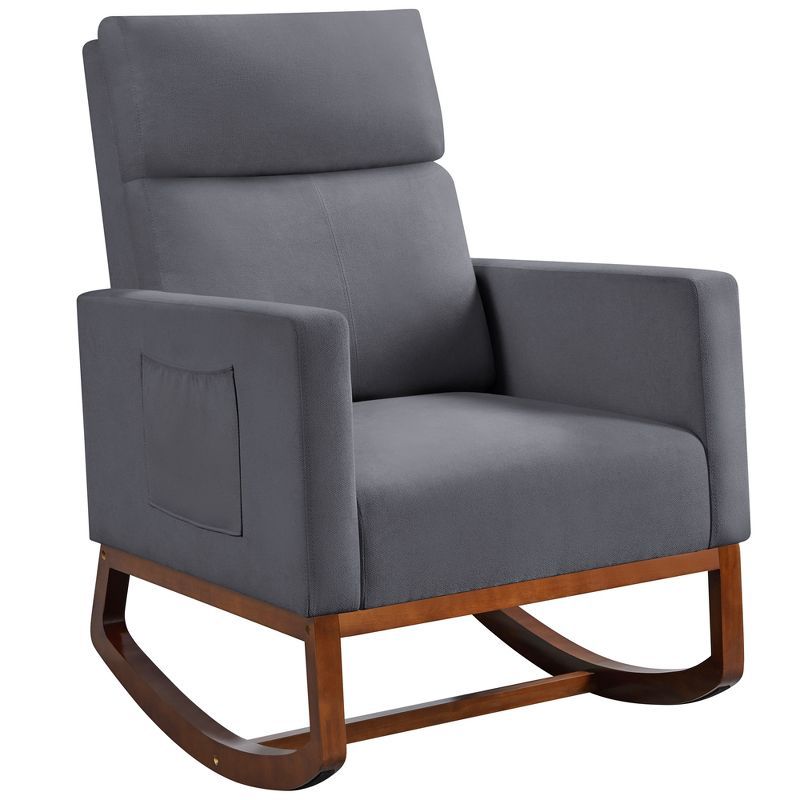 Gray Upholstered Rocking Chair with Rubber Wood Legs and Side Pockets