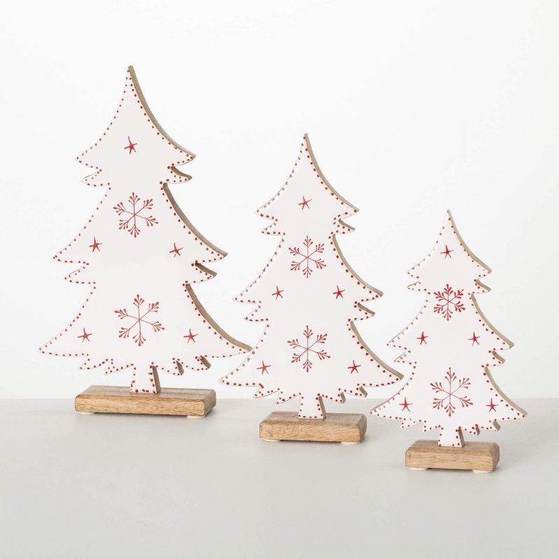 Scandinavian White and Red Wooden Snowflake Tree Figurines Set