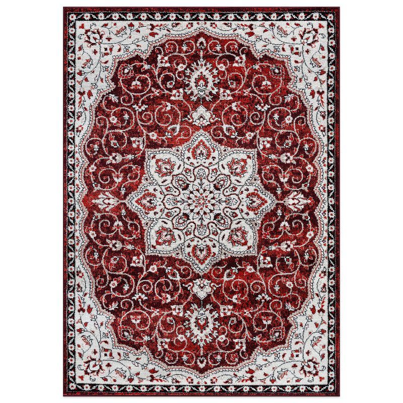 Red and Ivory Medallion Synthetic 5' x 7' Area Rug