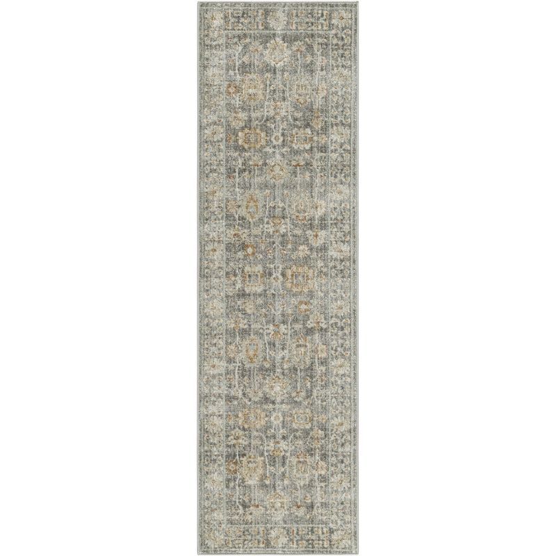 Vintage Gray Synthetic Persian Runner Rug with Fringe Edges