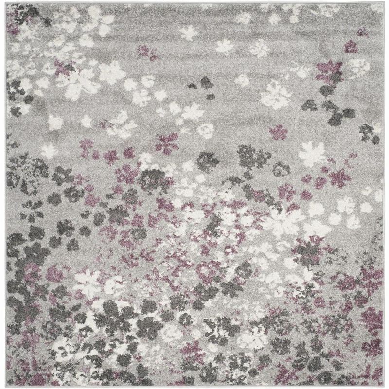 4' Square Light Grey and Purple Floral Synthetic Area Rug